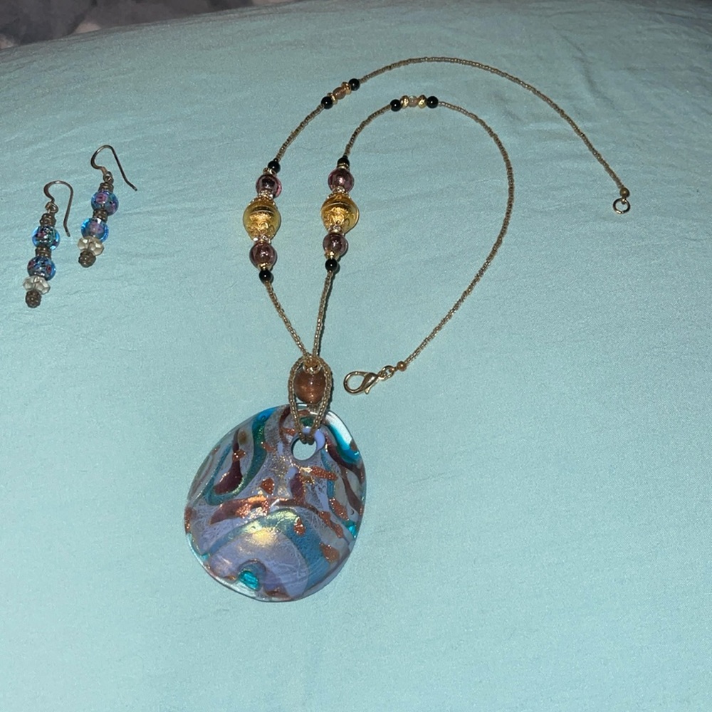 Glass blown beaded necklace & earrings